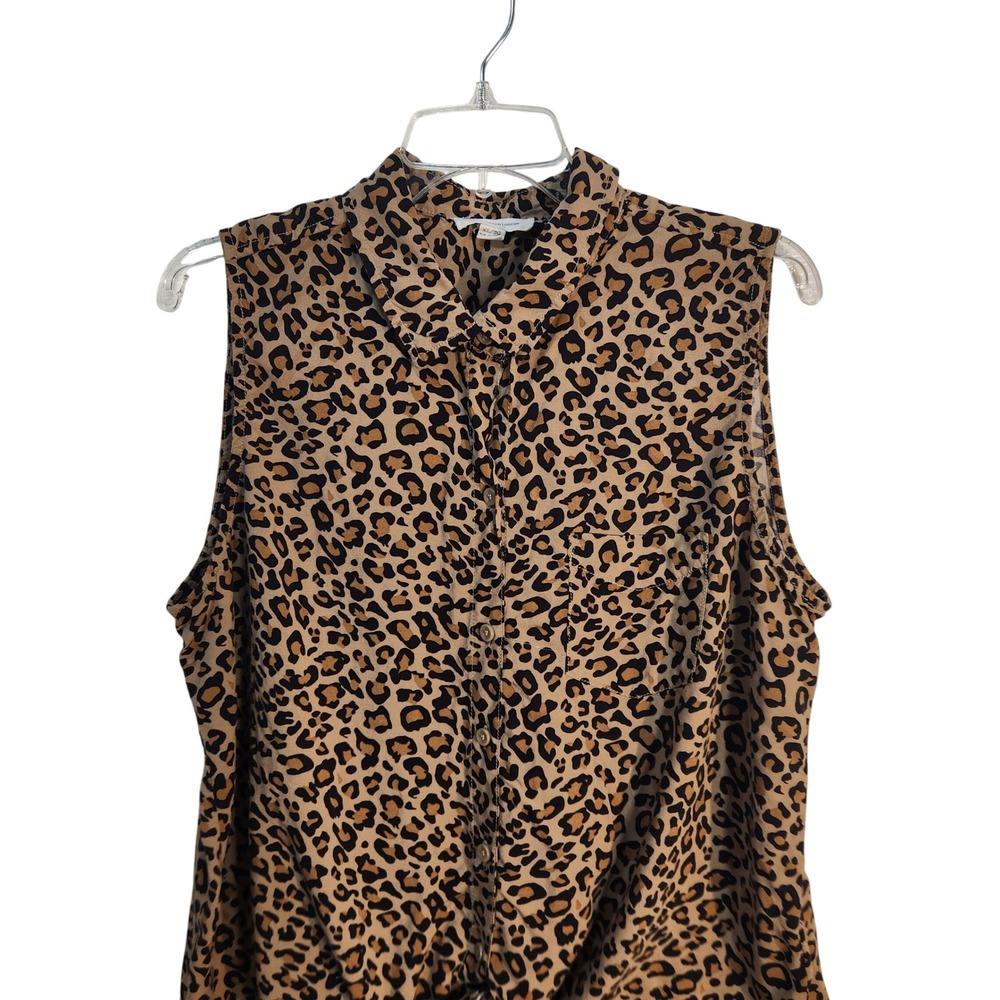 Beach lunch lounge Leopard Print Sleeveless Tie Front Button Down Top‎ XL Brown